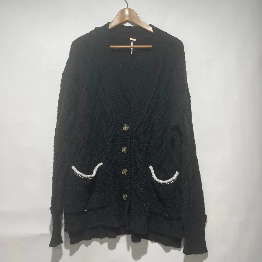 Free People Womens Montana Cable Knit Cardi Cardigan Sweater Black Size S - Picture 5 of 9